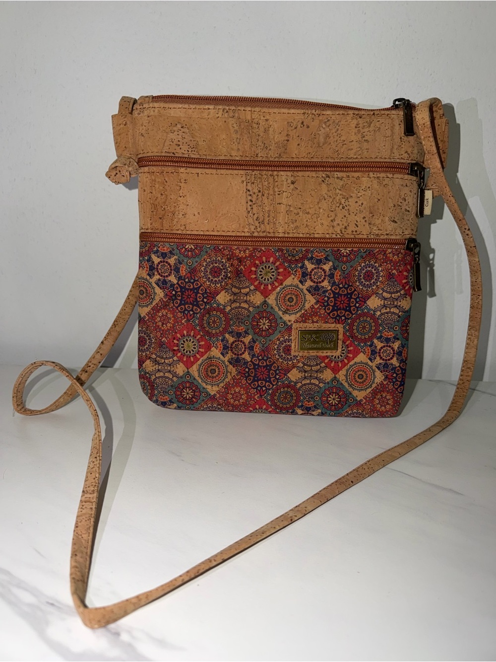 Cork Crossbody Bag with Red Multi-Pattern Panel
